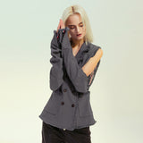 25 New Personality Tuxedo Side Side Shoulder Buckle Suit Broken Sleeve Ash Spliced Long-Sleeved Coat 1167 HZ1208
