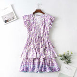 2025 Cotton Purple Print Short-Sleeved Leaf Sleeve Dress 9982 HZ1208