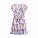 2025 Cotton Purple Print Short-Sleeved Leaf Sleeve Dress 9982 HZ1208