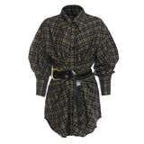 25 New Plaid Shirt Women's New Loose Korean Version Of The Retro Belt With Long Shirt Skirt 1404 HZ1208