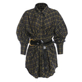 25 New Plaid Shirt Women's New Loose Korean Version Of The Retro Belt With Long Shirt Skirt 1404 HZ1208