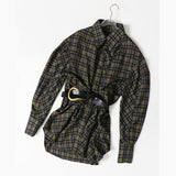 25 New Plaid Shirt Women's New Loose Korean Version Of The Retro Belt With Long Shirt Skirt 1404 HZ1208