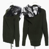 25 Autumn And Winter Belgian Personality Autumn And Winter Three-Dimensional Mesh Splicing Large Velvet Wool V Collared Sweater 1410 HZ1208