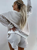 Autumn And Winter New Ladies Casual Striped Suit Long-Sleeved V-Neck Loose Top Sports Shorts Two-Set Women HZ1208