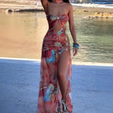 2025 Summer New Women's Color Fashion Hanging Neck Sexy Perspective Back Repair Body Hip Dress Dress Woman HZ1208