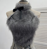 Real-Shot Bow Decorative Hair Splicing Elastic Hanging Neck Vest Outside Wearing Hairy Short Grinding Coat 2791 HZ1208