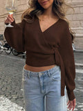 Cross-Cross V-Neck Knitted Shirt Autumn And Winter Irregular Strap Elegant Short Top Lady HZ1208