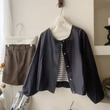 Spring And Autumn Korean Version 2025 New Small Short-Sleeved Shirt Women With Literary And Artistic Round Collar Top HZ1208