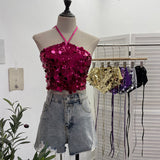 Heavy Industry Bling Bling Glide Hanging Neck Sling Vest One-Style Wrapping Tie With Large Bare Back Blouse 1083 HZ1208