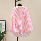 Cotton Shirt 2025 Spring And Autumn Casual Polo Collar Long Sleeve Stripe Loose Retro Stripe Commuting Top Lady HZ1208