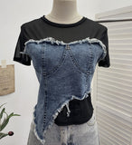 Solid Shooting Denim Splicing Mesh Yarn Short-Sleeved T-Shirt Summer Dress Irregularly Short High-Waist Repair Body Coat 26171 HZ1208