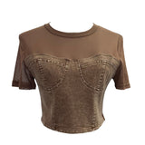 2025 Summer Denim Splicing Mesh Yarn Short-Sleeved T-Shirt Design Fake Two Hot Girl Short Top 26231 HZ1208