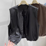 Round Collar Solid Color Sleeveless Leather Vest Coat Women's Autumn 2025 New Korean Fashion Stacked On The Kan Shoulders HZ1208