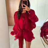 Temperament Lantern Dress Women's Spring New Short Skirt To Collect Irregular Lotus Leaf Edge Tie HZ1208