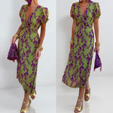 Women's Dress 2025 New Temperament Fashion Print V Collar Folds To The Waist To Repair The Dress Woman HZ1208