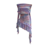 Sweet And Spicy Shoulder Dyed Printing Mesh Long-Sleeved Coat Folds Irregular Ribbon T-Shirt 9997 HZ1208