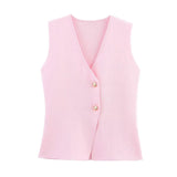 Summer New Gold Button Knitted Vest Small Folding Splicing Skirt Set HZ1208