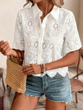 Spring And Summer 2025 Women's New Solid-Colored Lace Shirt Hollow Women's Short-Sleeved Casual Top HZ1208