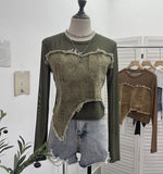 Design Feel Niche Cowboy Splicing Long-Sleeved Mesh T-Shirt Girl Summer Round Collar Dress Short Top 2617 HZ1208