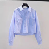 Spring And Autumn Fashion Small Fresh Light Blue Short Shirt Women's Double Pocket Loose Long-Sleeved Shirt HZ1208