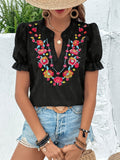 New Flower Embroidered Lotus Leaf-Side Shirt Women V-Necked Coated Women HZ1208