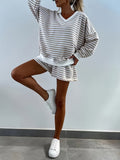 Autumn And Winter New Ladies Casual Striped Suit Long-Sleeved V-Neck Loose Top Sports Shorts Two-Set Women HZ1208