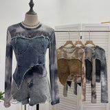 Vintage Dye Mesh Spliced Denim Shoulder Long-Sleeved T-Shirt T-Shirt T-Shirt Dress 2617 HZ1208