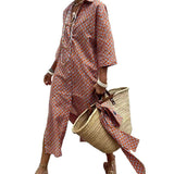 2025Wish Explosion Autumn Five-Sleeve Striped Sides On Both Sides Of The Fork Shirt Dress Woman HZ1208