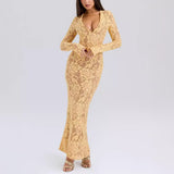 Sexy Women's New Deep V Long-Sleeved Netted Hollow Fishtail Skirt HZ1208