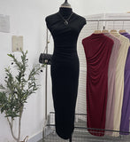 Ceclent Unique Dress With Thin Folds And Hips High-Collar After The Opening Of The Fork Dress 8858 HZ1208