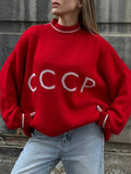 CCCP Red Small Round Collar Sweater Women Loose Retro Knitted Shirt Autumn And Winter Hooded Blouse HZ1208