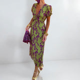 Women's Dress 2025 New Temperament Fashion Print V Collar Folds To The Waist To Repair The Dress Woman HZ1208