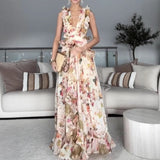 Sexy Women's New Fashion Elegant Lotus Leaf Side V-Neck Print Dress Can Be Photographed HZ1208