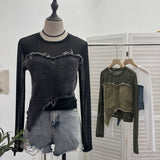 Design Feel Niche Cowboy Splicing Long-Sleeved Mesh T-Shirt Girl Summer Round Collar Dress Short Top 2617 HZ1208