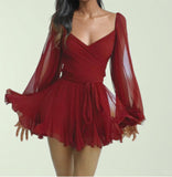 2025 Spring Women's Dress Sexy Hottie Skylit Lantern Sleeve V Collared Shoulder Dress HZ1208