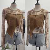 Vintage Dye Mesh Spliced Denim Shoulder Long-Sleeved T-Shirt T-Shirt T-Shirt Dress 2617 HZ1208