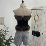 Real-Patted Leather Bra Waist Waist Coat Hair Spliced Pu Leather Slings To Collect Waist Thin Short Sleeveless Top 2996 HZ1208