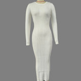 Elegant Wind Solid Color Knitted Dress Female Spring And Autumn Temperament Waist Long Sleeve Long Skirt HZ1208
