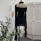 The Dark Waste Soil Wind Makes The Old Hole Hanging Shoulder Hanging With Long Sleeves Irregularly Open Fork T-Shirt Skirt 9295 HZ1208