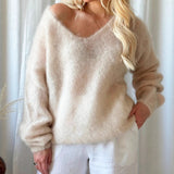 Soft Glutinous V-Neck Long-Sleeved Sweater Woman 2025 Autumn And Winter Cover Solid Color Lazy Wind Loose Knitted Shirt Top HZ1208