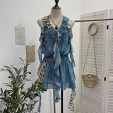 Hanging Neck Lotus Leaf Side Ribbon Print Between The Draw Folded Lace With Bareback Bow Dress 22070 HZ1208