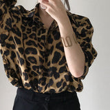 Korean Chic Autumn Vintage Leopard Print Collar Single Buckle Loose Leisure Long-Sleeved Shirt Topess HZ1208