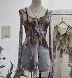 French Retro Oil Painting Wind Dyed Lotus Leaf Side Sling T-Shirts Long Sleeves Drifting Coat 2658 HZ1208