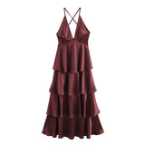 Z2025 Women's Summer Romantic French Elegant Dinner Light Dress Suspension Deep V Brass HZ1208