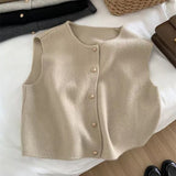 Gentle Line Single Row Small Gold Button Round Collar Knitted Vest Cardigan Woman Sleeveless Shoulder Vest Top HZ1208