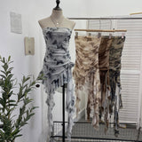 Solid Shot Tie Net Yarn Printing Irregular Ribbon Three-Dimensional Flowers Small Man With Chest Short Skirt Dress Dress 6652 HZ1208