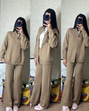 Hot Angolan Red Sweater Set Zipper Jacket + Wide Leg Trousers Knitted Casual Women's Clothing HZ1208