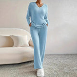 Autumn And Winter New Women's Pure Color V-Neck Loose Blouse Casual Straight Trousers Pit Two Sets HZ1208