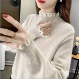 New Half-High Collar Sweater In Autumn And Winter 2025 Women Loose Outer Wear Lace Stitched Knitted Bottom Shirt Tide HZ1208