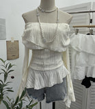 The Ballet Style Shoulder Fold Texture Texture Coat Irregularly Ribbon Horn Sleeve Short Shirt 1158 HZ1208